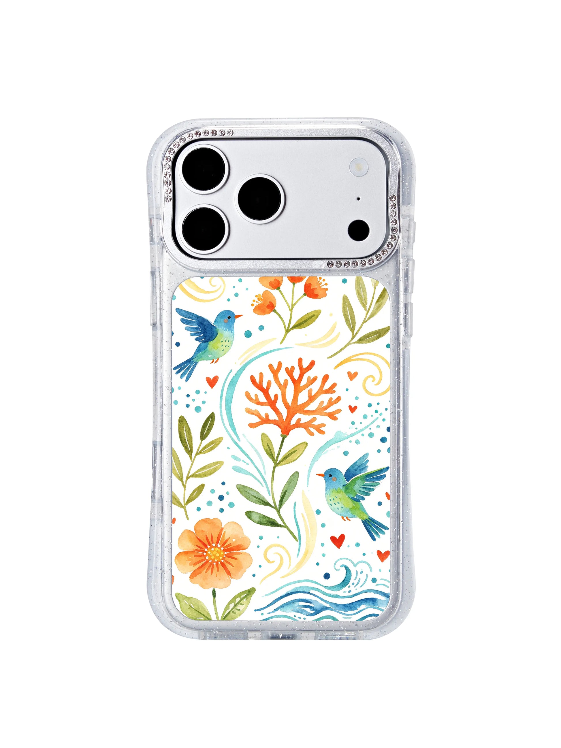 PhoneCasing officially licensed original hand-drawn artwork iphone 17 pro Max casing, single wave swirl coastal layout with teal birds and orange coral foliage direct from the artist’s studio.