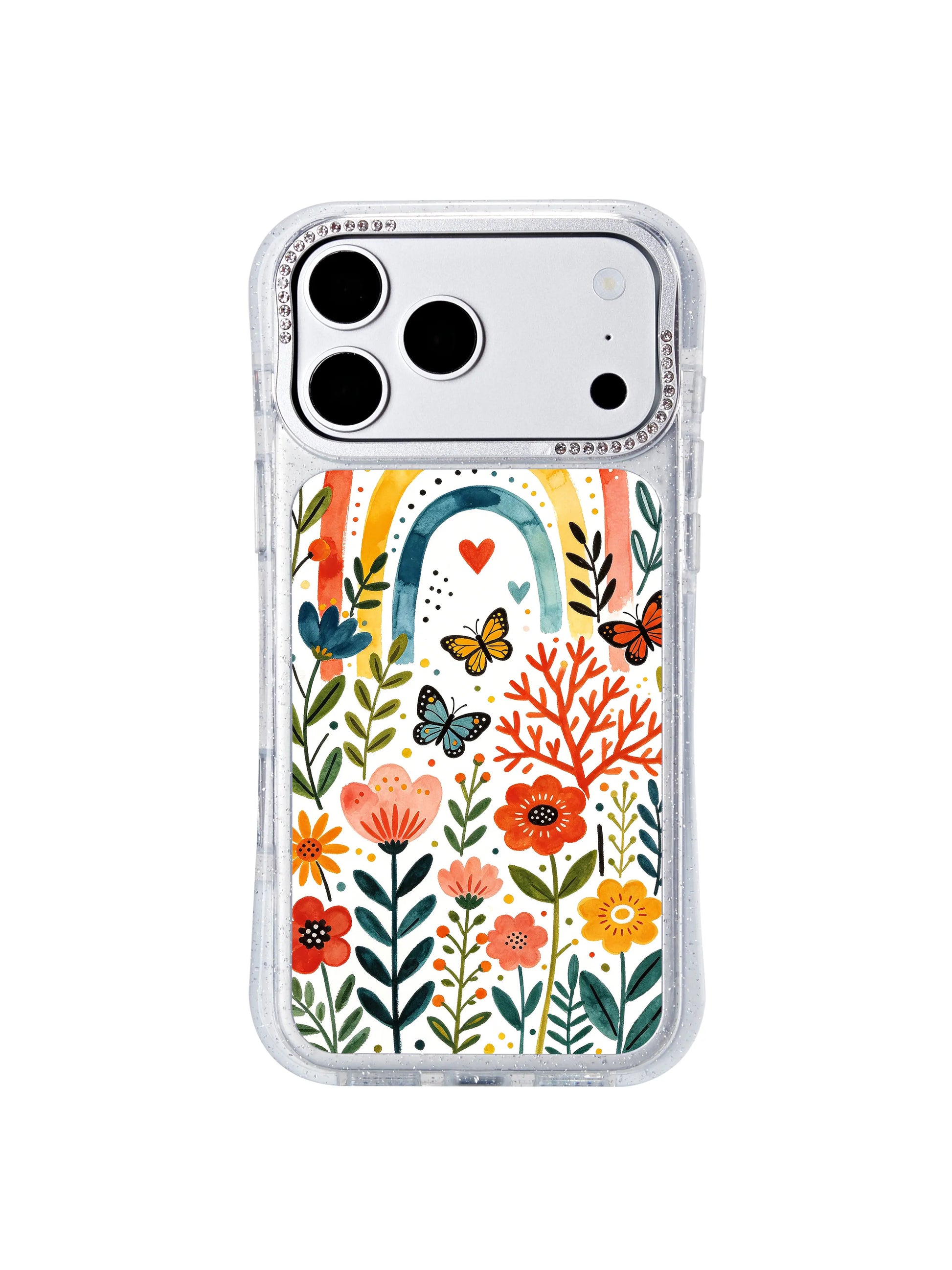 PhoneCasing officially licensed original hand-rendered artwork iphone 17 pro Max casing, single stacked arch layout with stationary songbird and clustered floral elements directly from the artist’s archive.