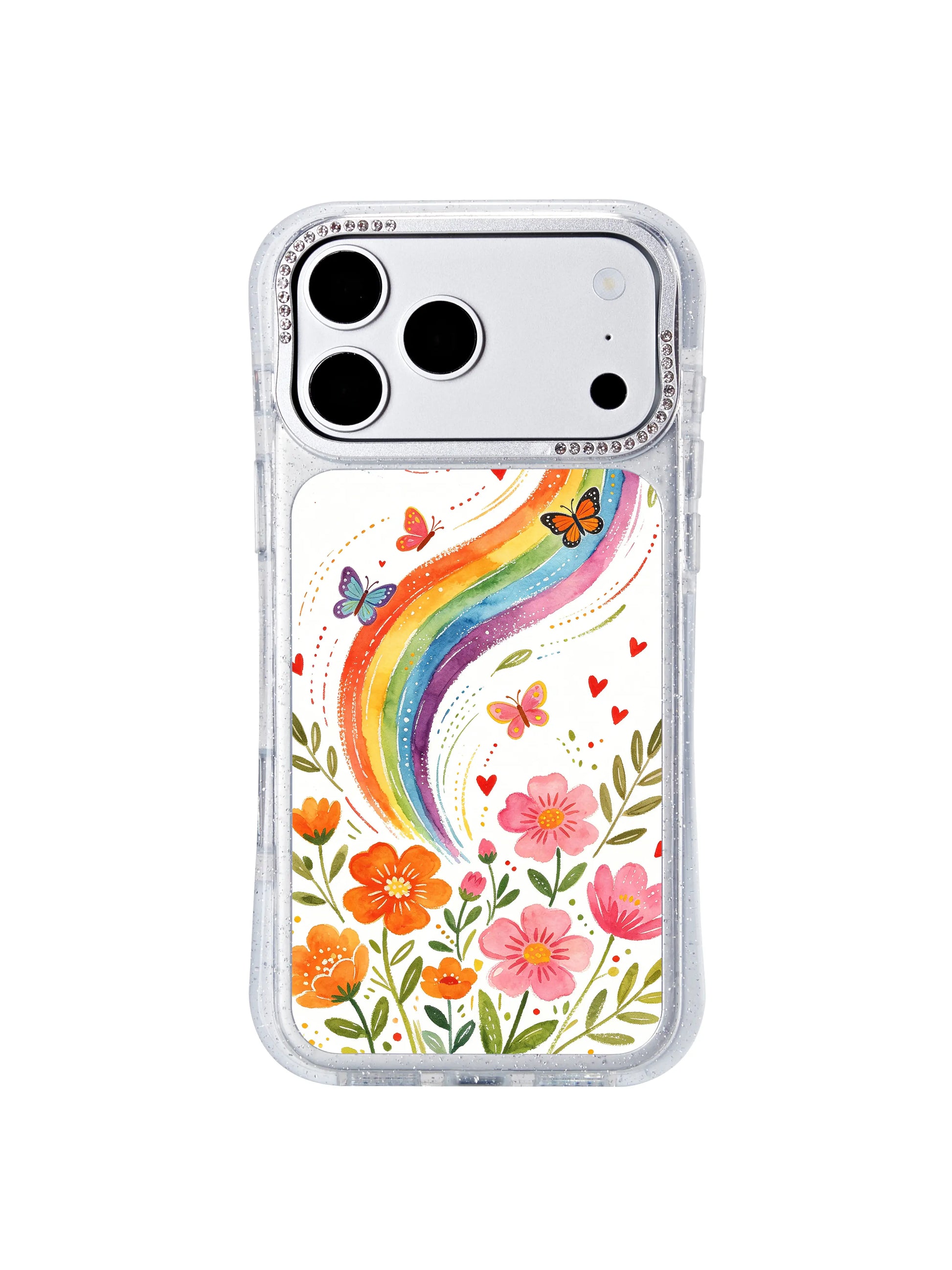 PhoneCasing officially licensed original artwork iphone 17 pro Max casing, single-arch rainbow wind spiral with a lone swallow and layered wildflower arrangements from the artist’s studio.
