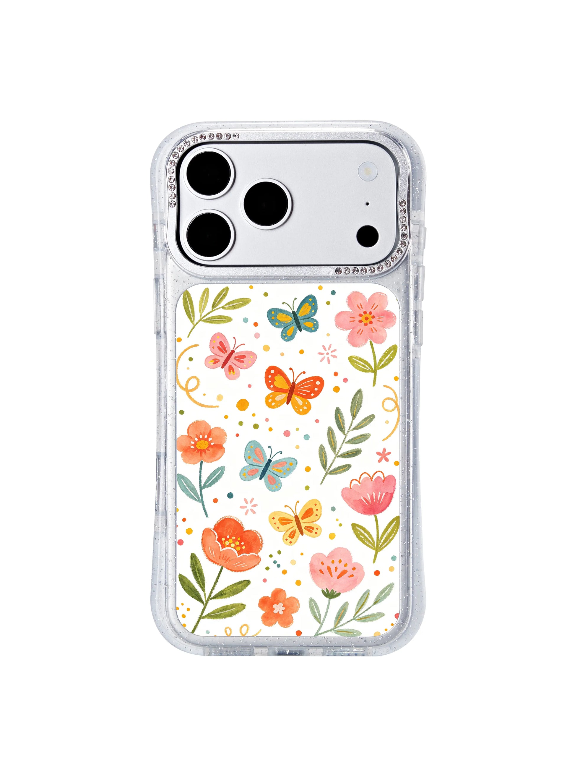 PhoneCasing officially licensed original hand-drawn artwork iphone 17 pro Max casing, single festive swirl garden layout with cheerful songbirds and peach floral sprigs direct from the artist’s studio archive.