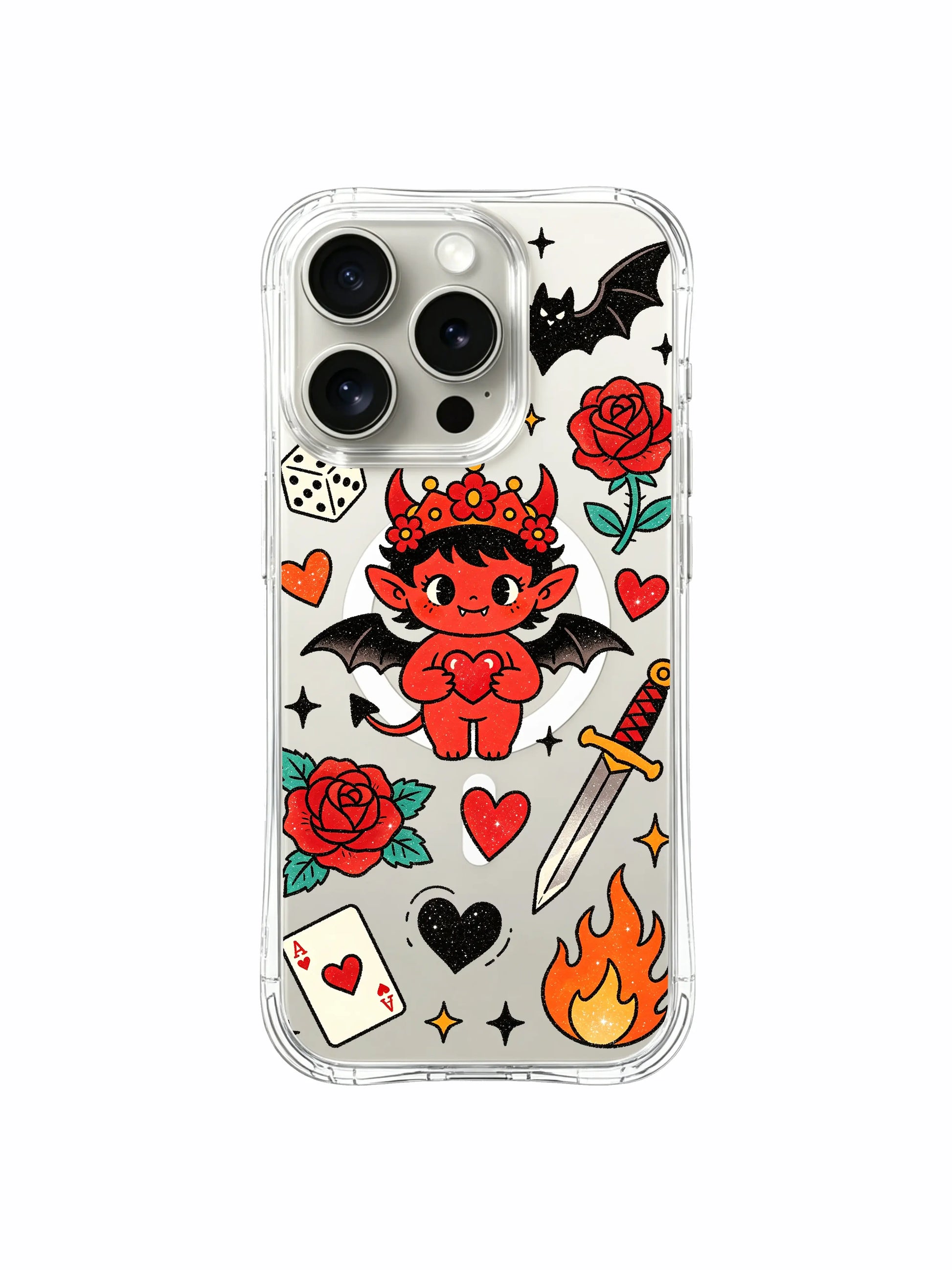 PhoneCasing iPhone 15 pro Case with offset-position ace heart card and side flame beside sweet devil, old school vintage illustration luxury protective casing.