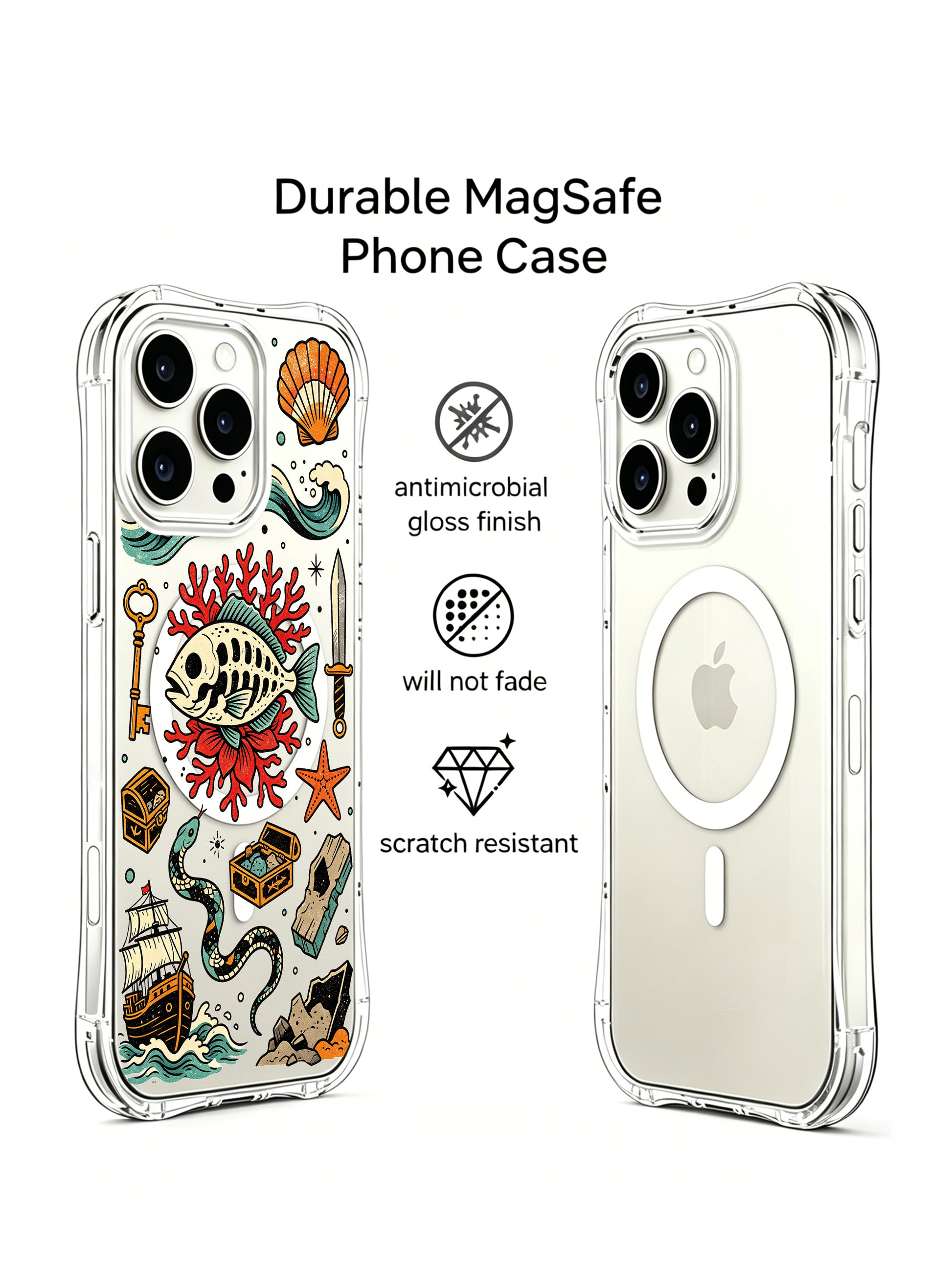 PhoneCasing iPhone 15 pro Case printed with offset antique dagger, oversized red starfish, vivid red coral surrounding skeletal fish, scattered ocean rock fragments, fade-proof wearable art iPhone 15 pro casing ideal for nautical adventure gift shopping.