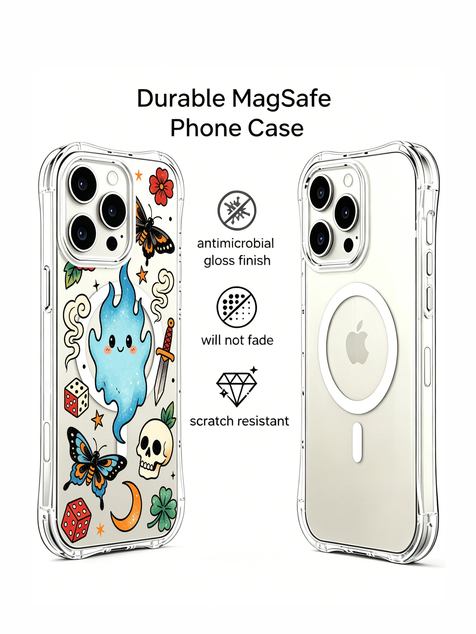 PhoneCasing iPhone 15 pro Case printed with offset classic dagger, green shamrock, assorted dice clusters and cheerful blue ghost, fade-proof artistic iPhone 15 pro casing ideal for dreamcore & weird-cute gift shopping.