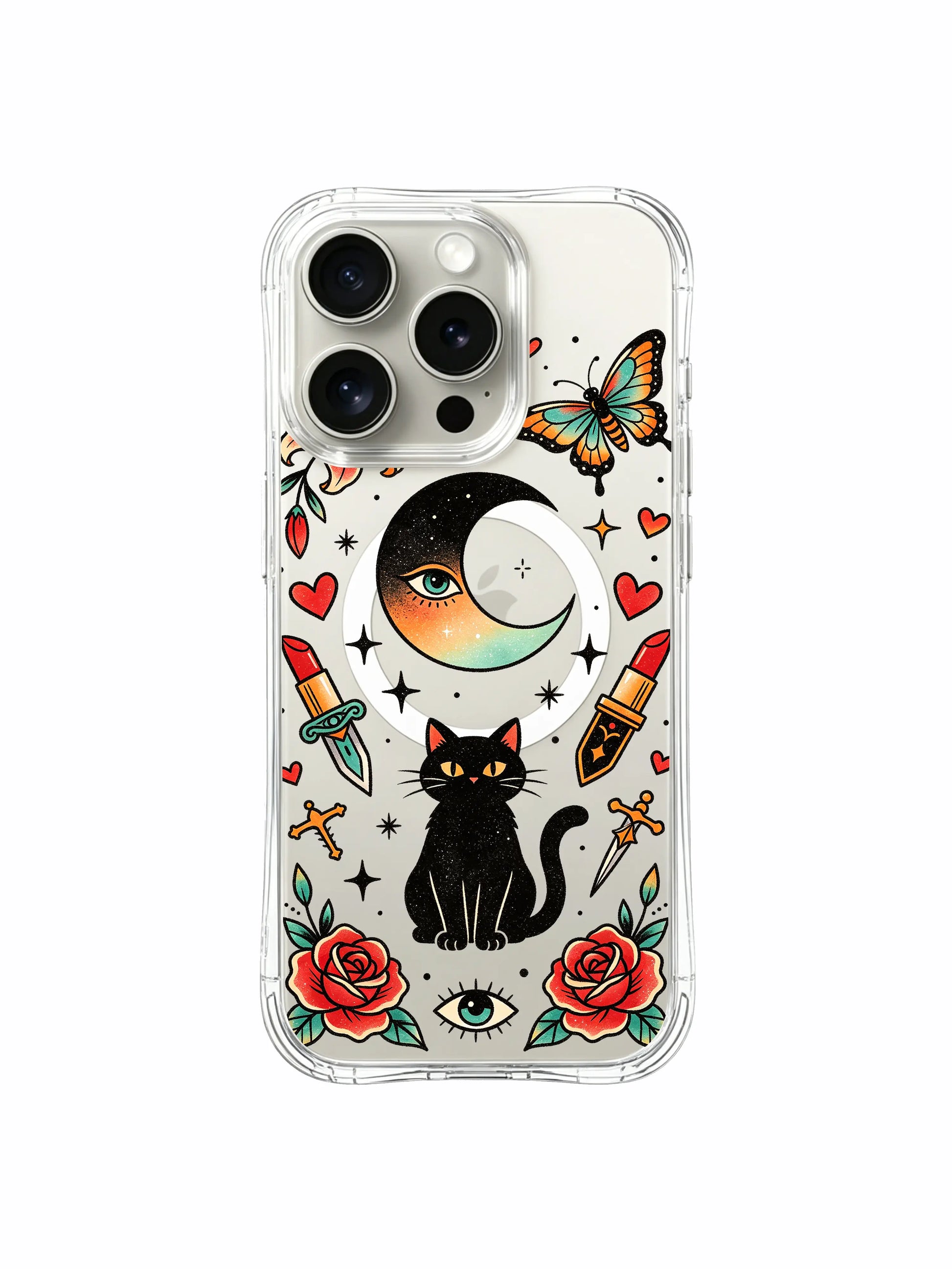 PhoneCasing iPhone 15 pro Case featuring one top-corner lily flower, left-offset dagger, compact heart layout, vivid red roses around occult moon cat, durable made-in-USA clear protective phone casing.