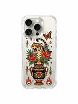 PhoneCasing iPhone 15 pro Case featuring one top butterfly, left-offset dagger, compact skull layout, vivid red roses around vase tiger, durable made-in-USA clear protective phone casing.