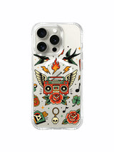 Winged boombox with lily, flame and roses artwork on an iPhone 15 Pro case