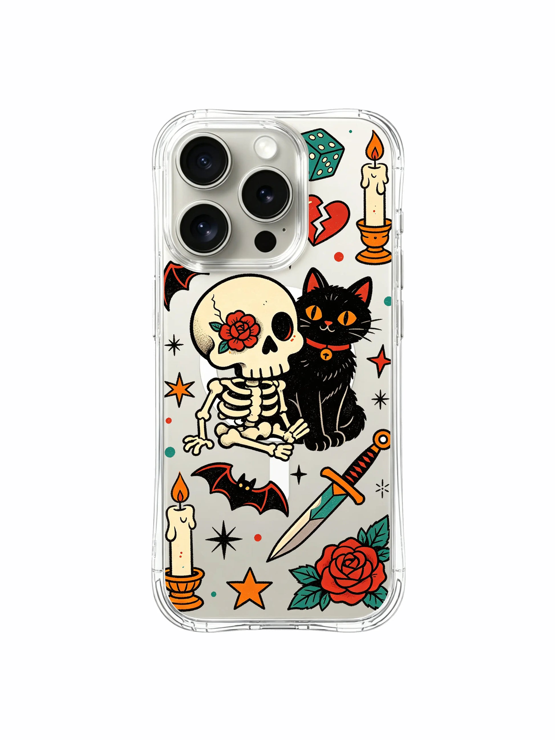 PhoneCasing iPhone 15 pro Case featuring offset green spotted dice, single corner pillar candle, compact red rose layout next to gothic skull & black cat, durable USA-made clear protective phone casing.