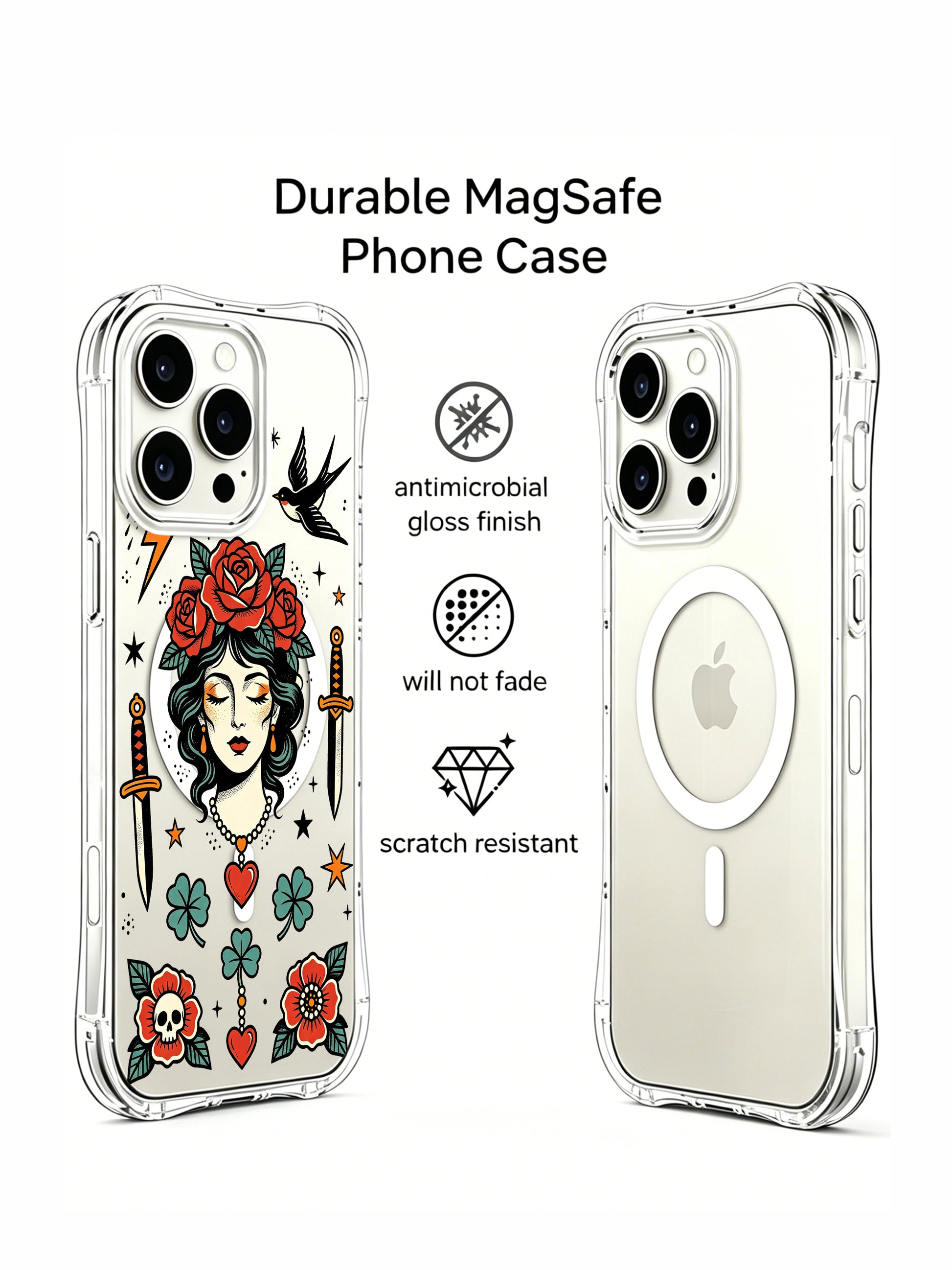 PhoneCasing iPhone 15 pro Case printed with offset orange lightning, dangling red heart pendant, green shamrock and peaceful storm lady surrounded by traditional tattoo motifs, fade-proof artistic iPhone 15 pro casing ideal for strength-themed gift shopping.