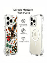 Eagle with dagger, skull, clover and rose artwork on an iPhone 15 Pro case