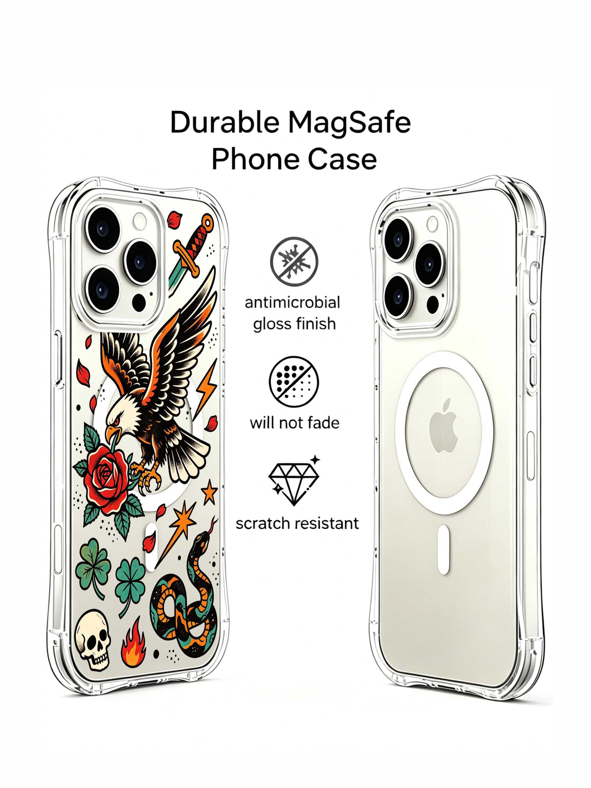 PhoneCasing iPhone 15 pro Case printed with side offset dagger, bottom skull, single green shamrock, blooming red rose and majestic eagle graphic, fade-proof wearable art phone casing perfect as meaningful gift for men & women.