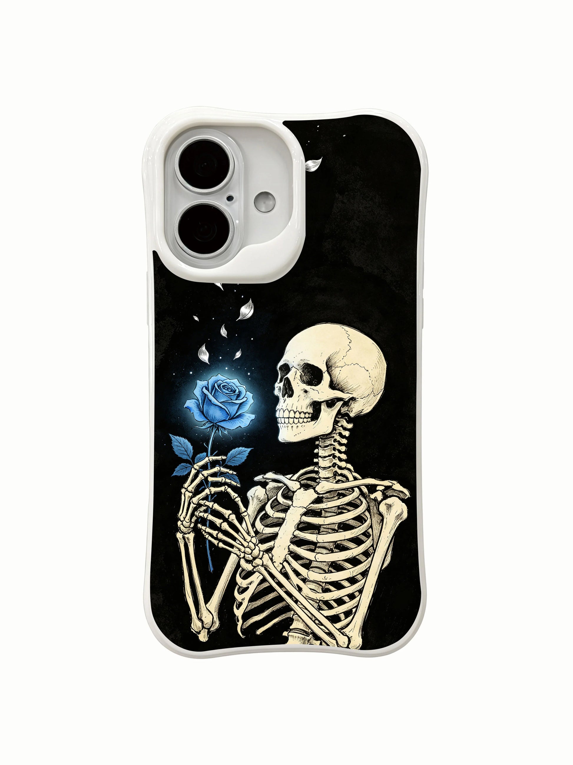 PhoneCasing old school tattoo Black Base Blue Rose black background upright skeleton iPhone 16 Case, deep black textured bone & glowing blue rose artwork, California crafted shockproof iPhone 16 