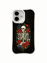 PhoneCasing old school tattoo Black Base Eternal Bloom upright skeleton iPhone 16 Case, deep black vintage grain bone & saturated mixed flower artwork, California crafted shockproof iPhone 16 casing
