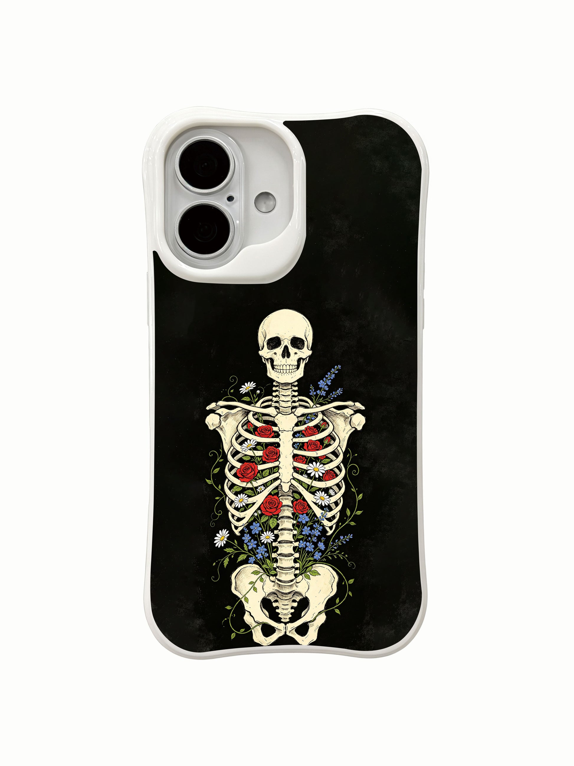 PhoneCasing old school tattoo Black Greenhouse black background full torso skeleton iPhone 16 Case, deep black vintage wash bone & multi-flower artwork, California manufactured shockproof iPhone 16 casing