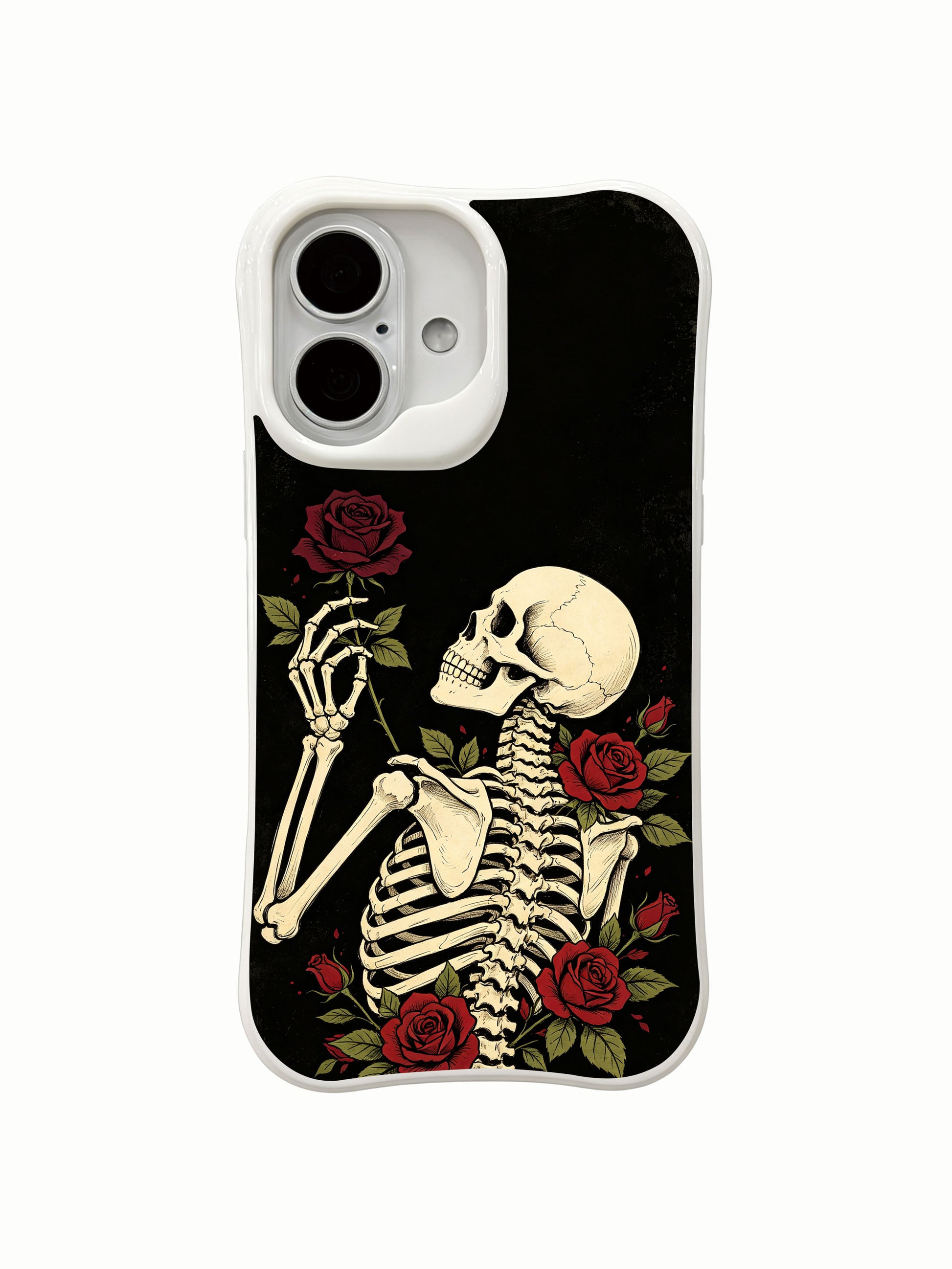 PhoneCasing old school tattoo Black Rose Oath black background skeleton iPhone 16 Case, deep black vintage wash bone & crimson rose artwork, California manufactured shockproof iPhone 16 casing