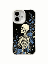 PhoneCasing old school tattoo Blue Bloom Night Voyage black background side skeleton iPhone 16 Case, deep black vintage wash bone & cerulean flower artwork, California manufactured shockproof iPhone 16 casing