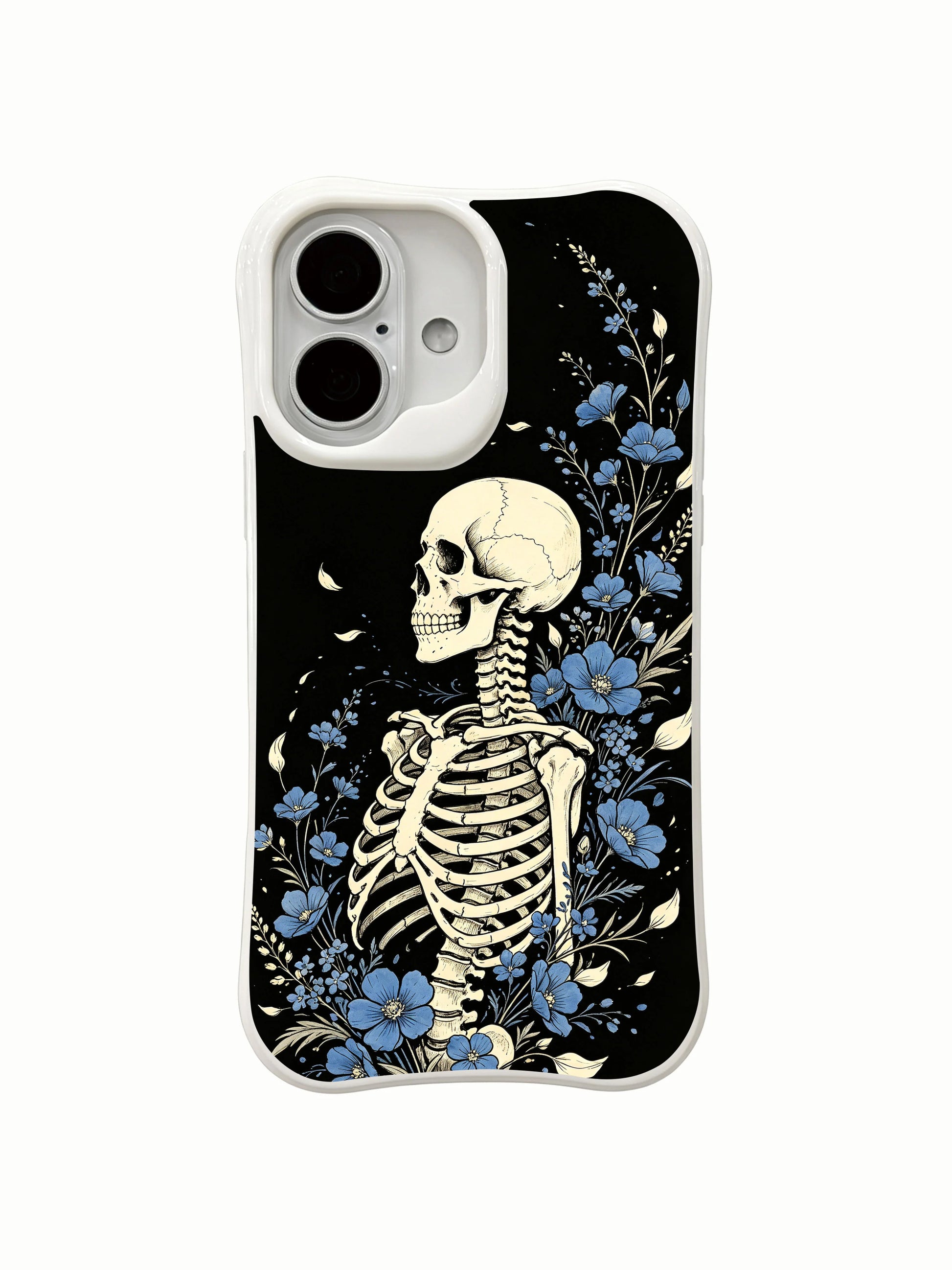 PhoneCasing old school tattoo Blue Bloom Night Voyage black background side skeleton iPhone 16 Case, deep black vintage wash bone & cerulean flower artwork, California manufactured shockproof iPhone 16 casing