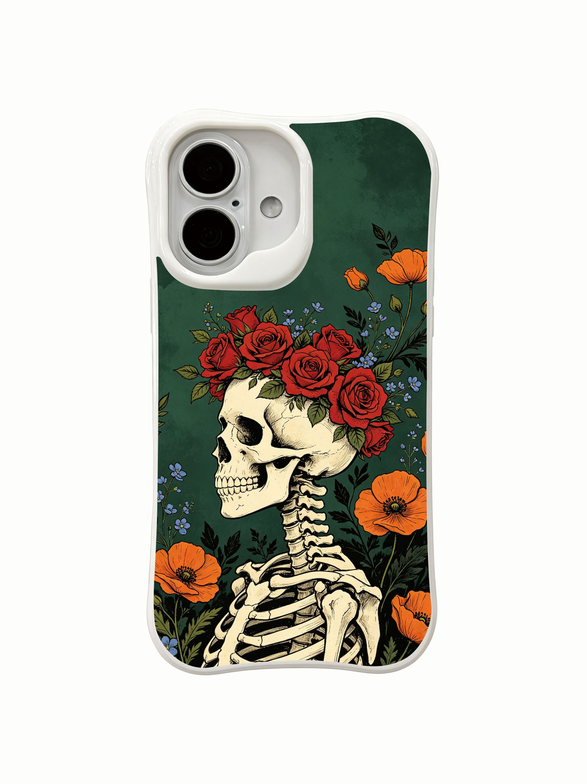 PhoneCasing old school tattoo emerald green base Deep Forest Crown upright profile skeleton iPhone 16 Case, deep forest grain bone & saturated mixed bloom artwork, California crafted shockproof iPhone 16 casing