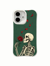 PhoneCasing old school tattoo emerald green base Rose Letter skeleton iPhone 16 Case, deep vintage green grain bone & vivid red rose artwork, California crafted shockproof iPhone 16 casing