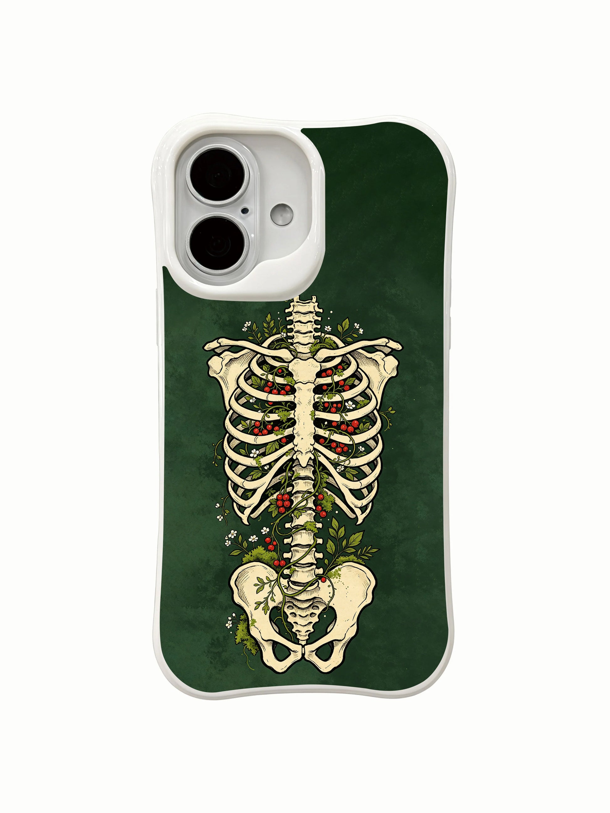 PhoneCasing old school tattoo forest green base Chest Garden skeleton iPhone 16 Case, deep vintage green grain bone & wild berry bloom artwork, California crafted shockproof iPhone 16 casing