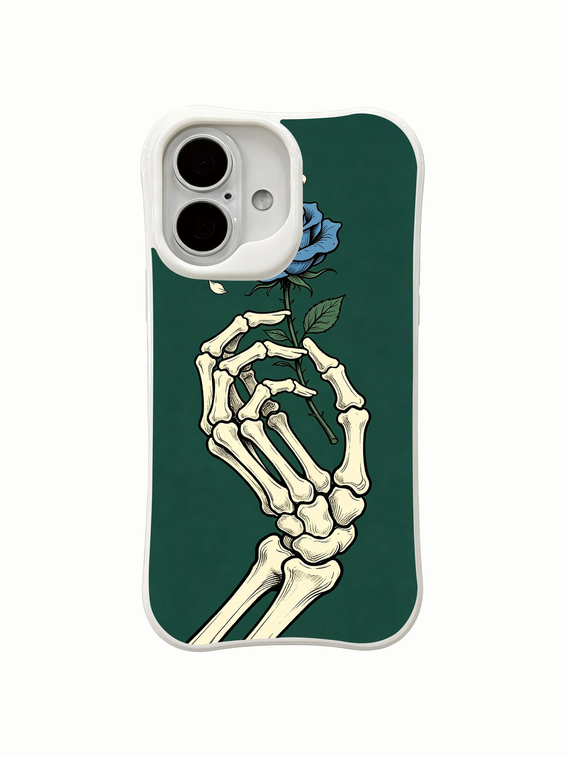 PhoneCasing old school tattoo forest green base Forest Blue Rose skeleton iPhone 16 Case, deep vintage green grain bone & rare blue rose artwork, California crafted shockproof iPhone 16 casing