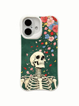 PhoneCasing old school tattoo forest green base Green Curtain Bloom skeleton iPhone 16 Case, deep vintage green grain bone & falling colorful petal artwork, California crafted shockproof iPhone 16 casing