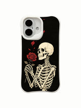 PhoneCasing old school tattoo Midnight Rose Letter black background skeleton iPhone 16 Case, deep black vintage wash rose bone artwork, California manufactured shockproof iPhone 16 casing