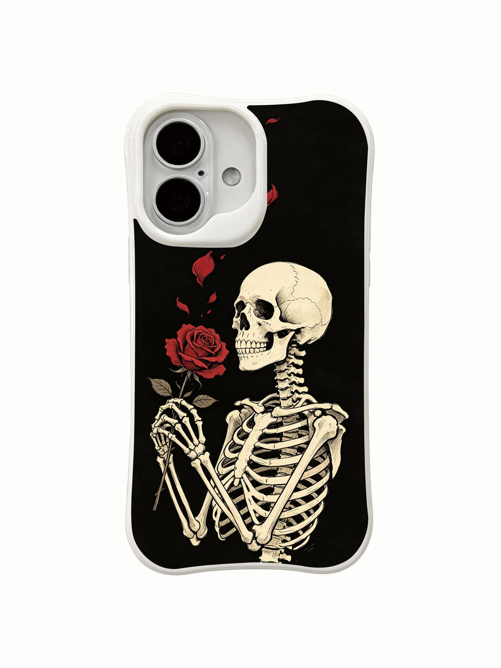 PhoneCasing old school tattoo Midnight Rose Letter black background skeleton iPhone 16 Case, deep black vintage wash rose bone artwork, California manufactured shockproof iPhone 16 casing