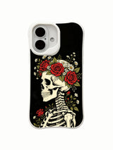 PhoneCasing old school tattoo Night Crown black background skeleton iPhone 16 Case, deep black vintage wash floral bone artwork, California manufactured shockproof iPhone 16 casing