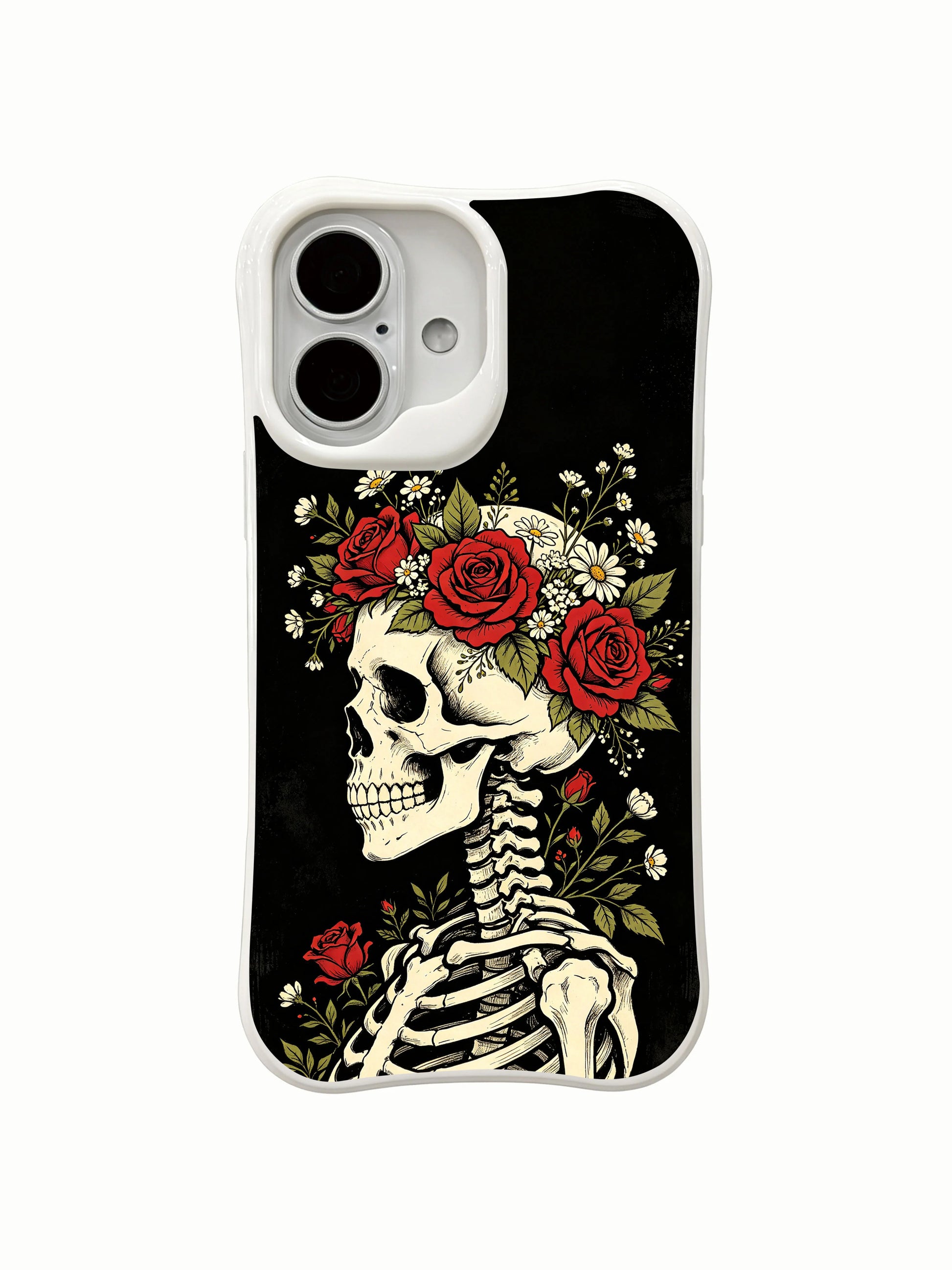 PhoneCasing old school tattoo Night Crown black background skeleton iPhone 16 Case, deep black vintage wash floral bone artwork, California manufactured shockproof iPhone 16 casing