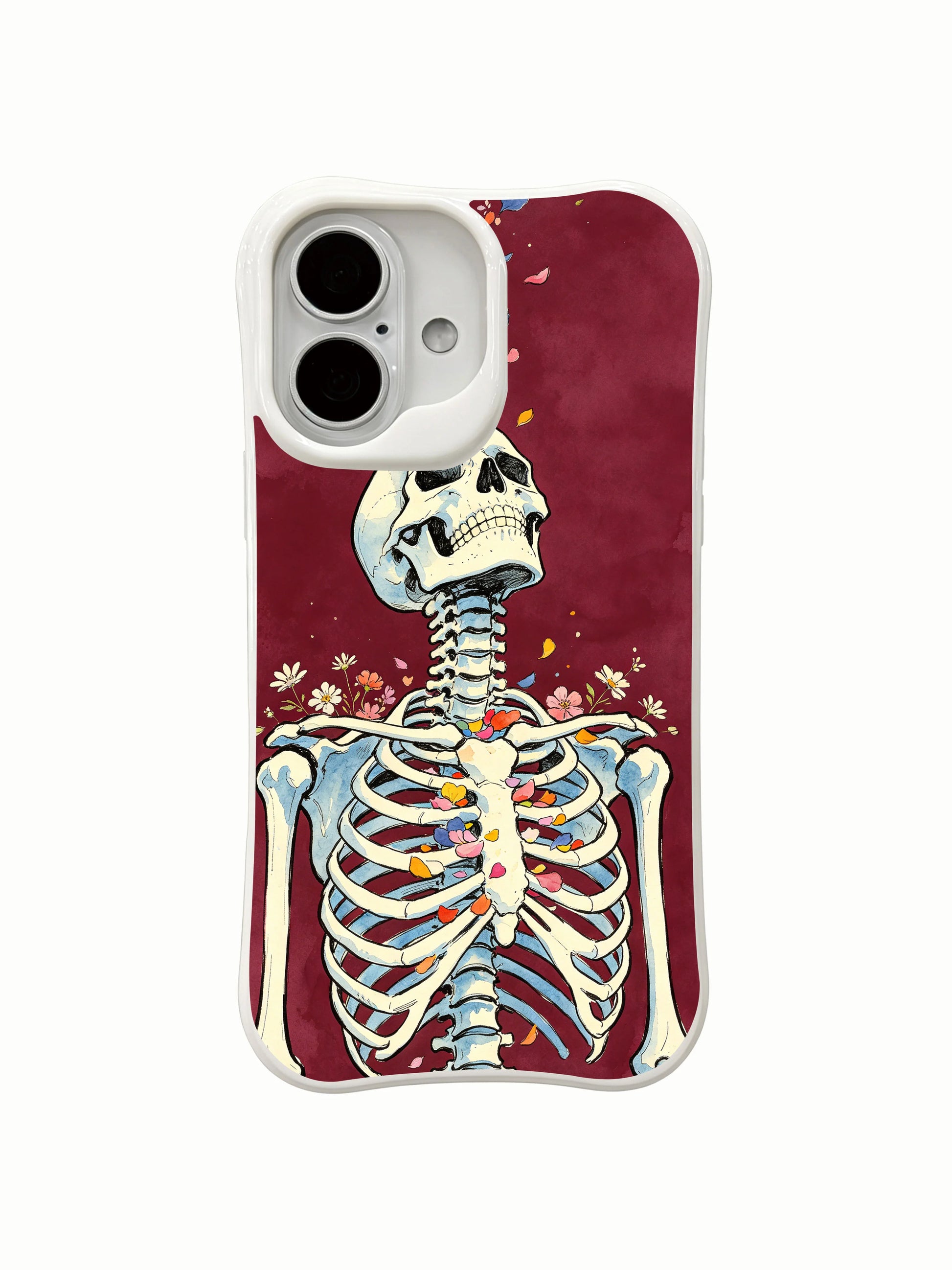 PhoneCasing old school tattoo style skeletal ascending petal iPhone 16 Case, deep burgundy watercolor backdrop, California manufactured shockproof iPhone 16 casing