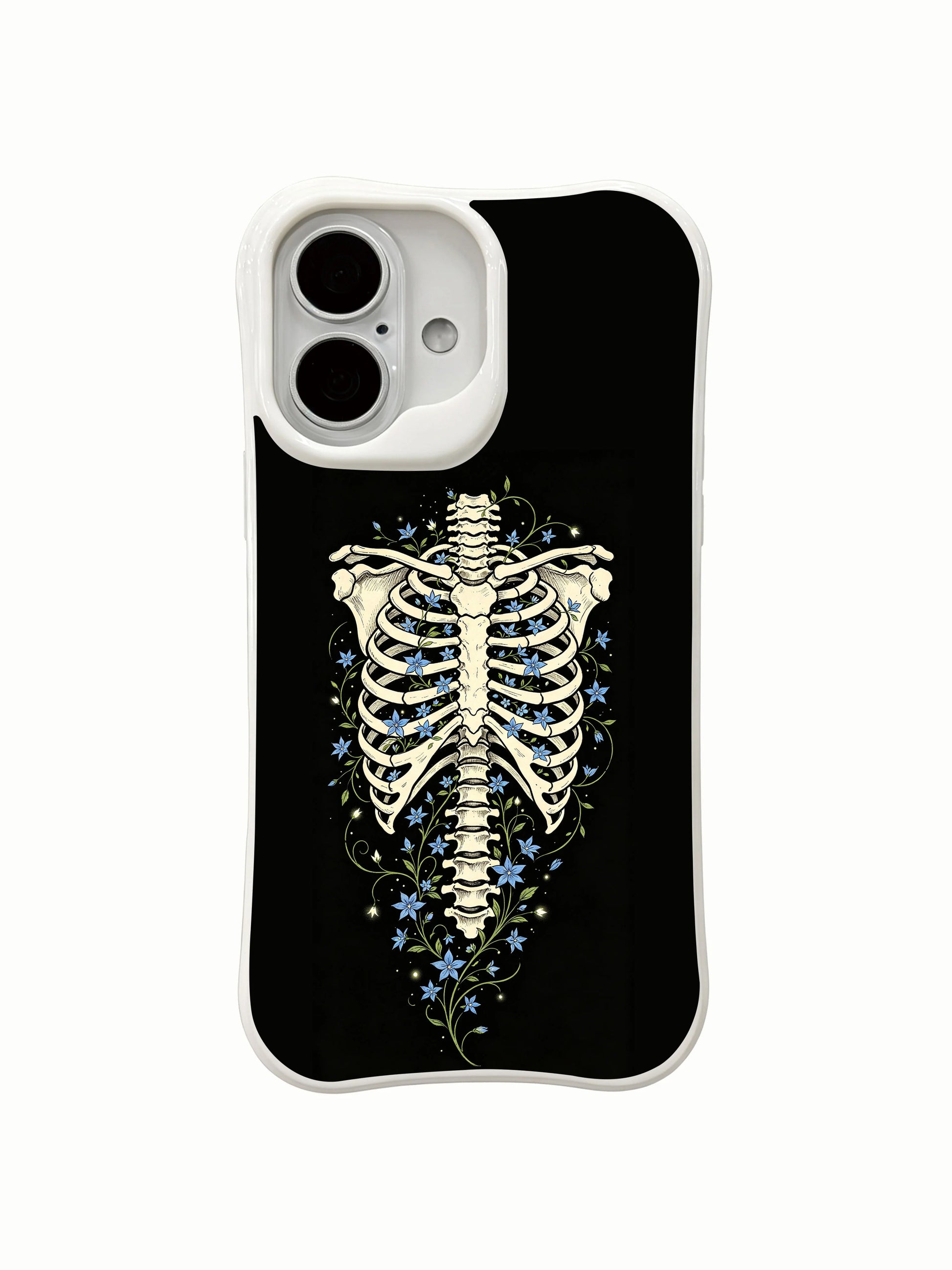 PhoneCasing old school tattoo Star Blossom In Bone black background rib skeleton iPhone 16 Case, deep black vintage wash bone & blue flower artwork, California manufactured shockproof iPhone 16 casing