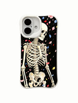 PhoneCasing old school watercolor Night Petal Rain black background upright skeleton iPhone 16 Case, deep black vintage wash bone & mixed flower artwork, California crafted shockproof iPhone 16 casing