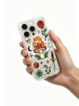 PhoneCasing iPhone 15 pro Case single side rose, solid black dice, lone vintage dagger beside glowing magic mushroom, shockproof lightweight clear iPhone 15 pro casing.
