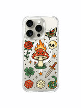 PhoneCasing iPhone 15 pro Case single edge rose, blank empty corner layout, single dice and tiny skull, anti-fingerprint glossy finish protective iPhone 15 pro casing.