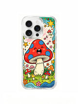 Open-mouth singing red mushroom with pink melody trails artwork on an iPhone 16 Pro Max case