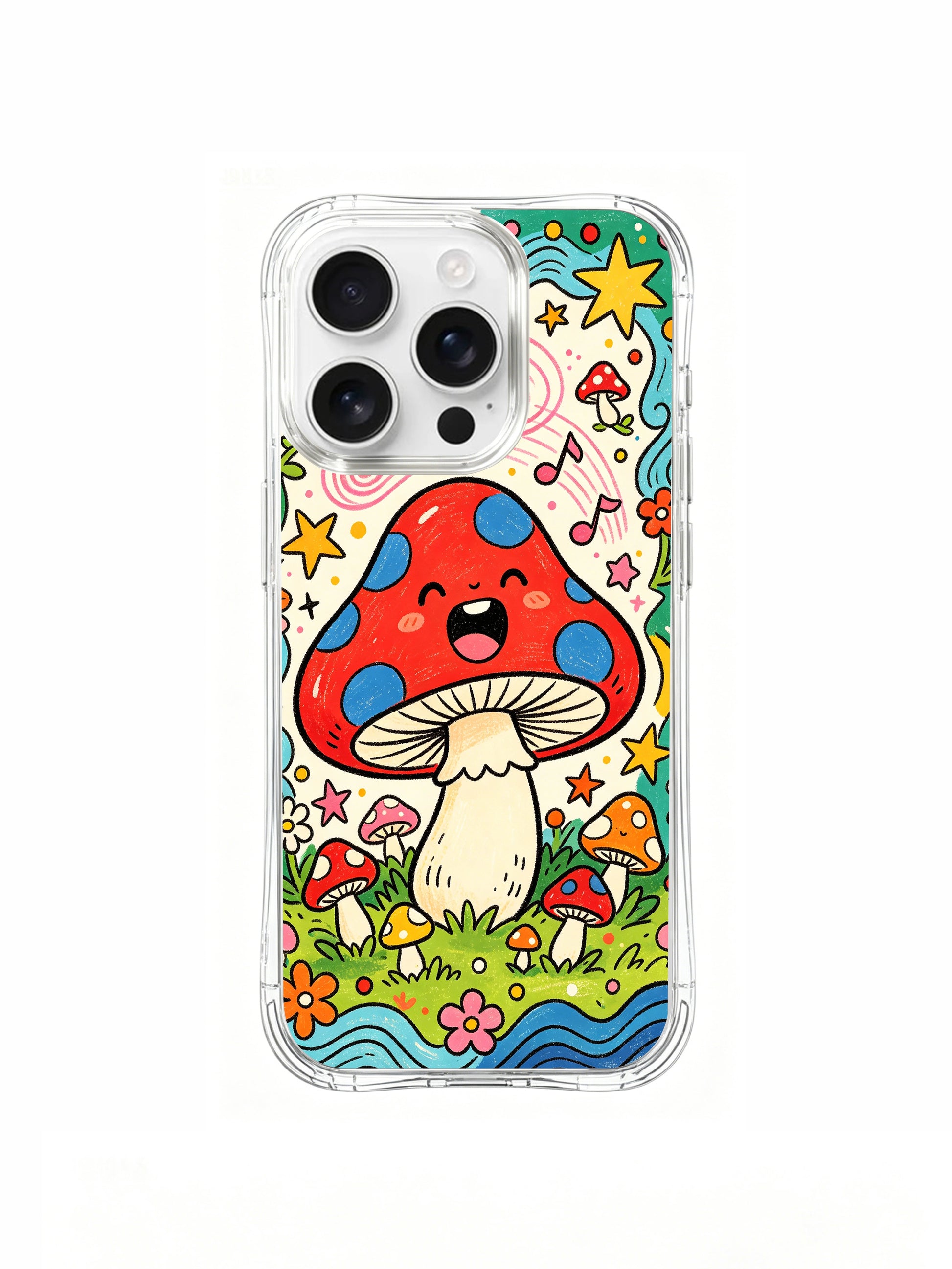 PhoneCasing iPhone 16 pro max Case, limited Luna Moss collab fine art casing featuring cheerful open-mouth singing red mushroom with swirling pink melody trails, premium gallery-grade wearable art crafted in California for women art collectors