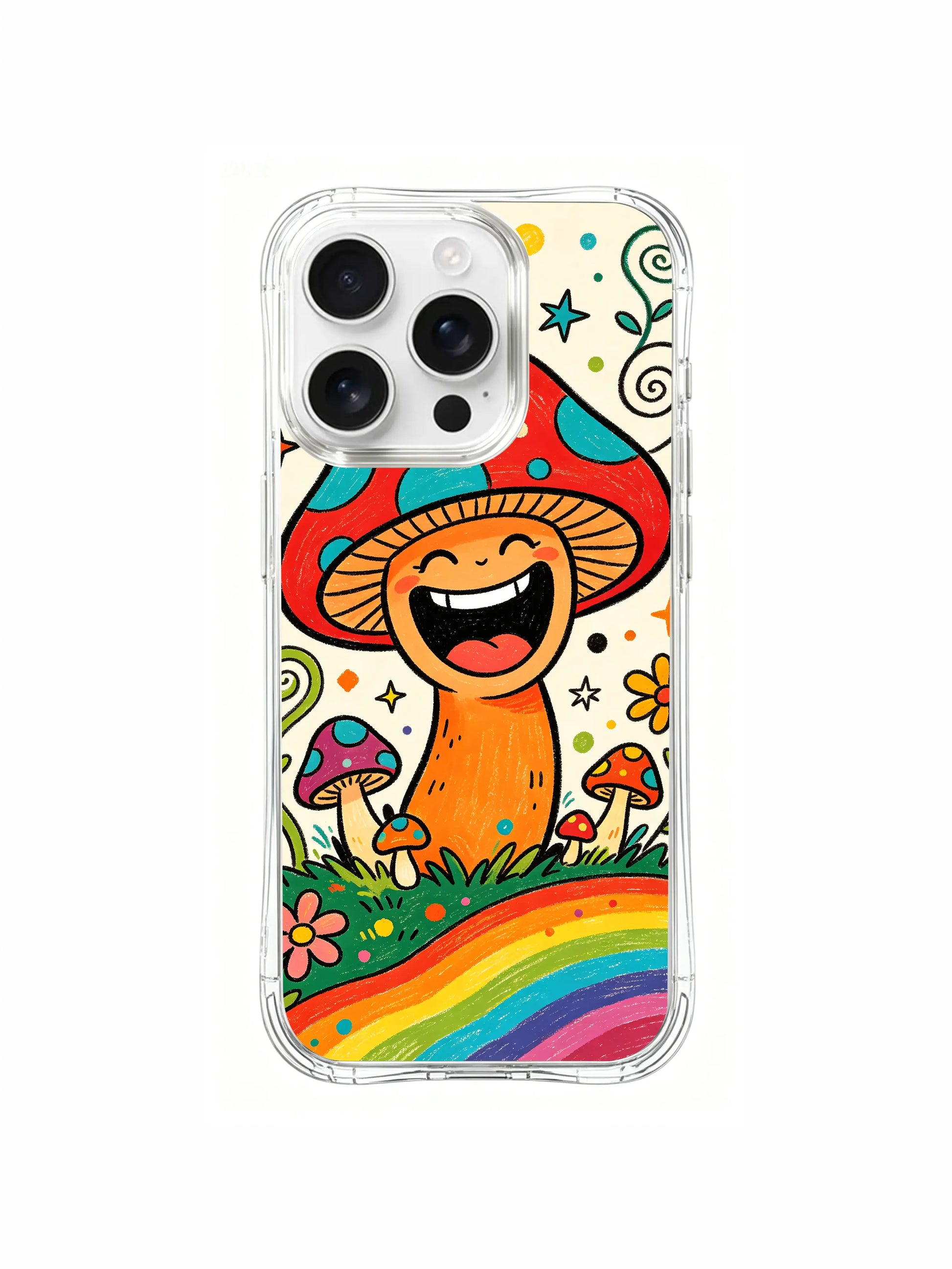 PhoneCasing iPhone 16 pro max Case, big joyful open grin mushroom king fine art casing from illustrator Luna Moss, warm crayon folk design premium wearable art casing made in California