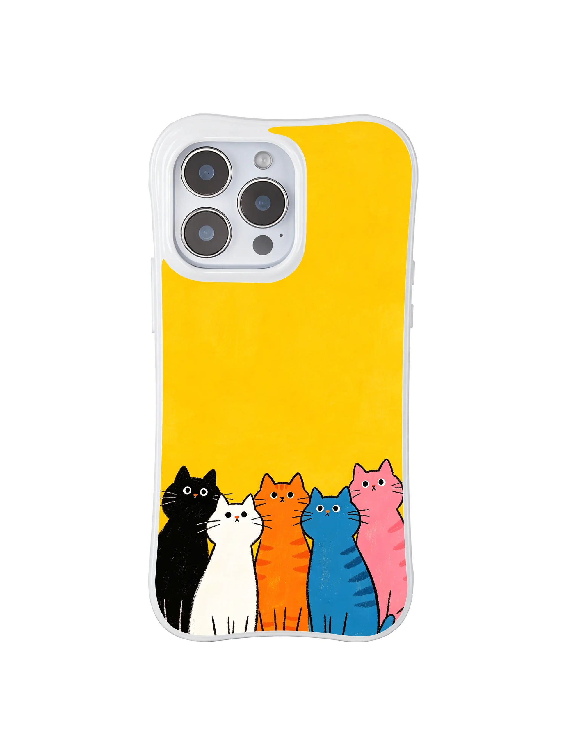 PhoneCasing iPhone 16 Pro Max with Optimistic Cat Lineup art, charming kitties bringing gentle hope to a vibrant yellow background.