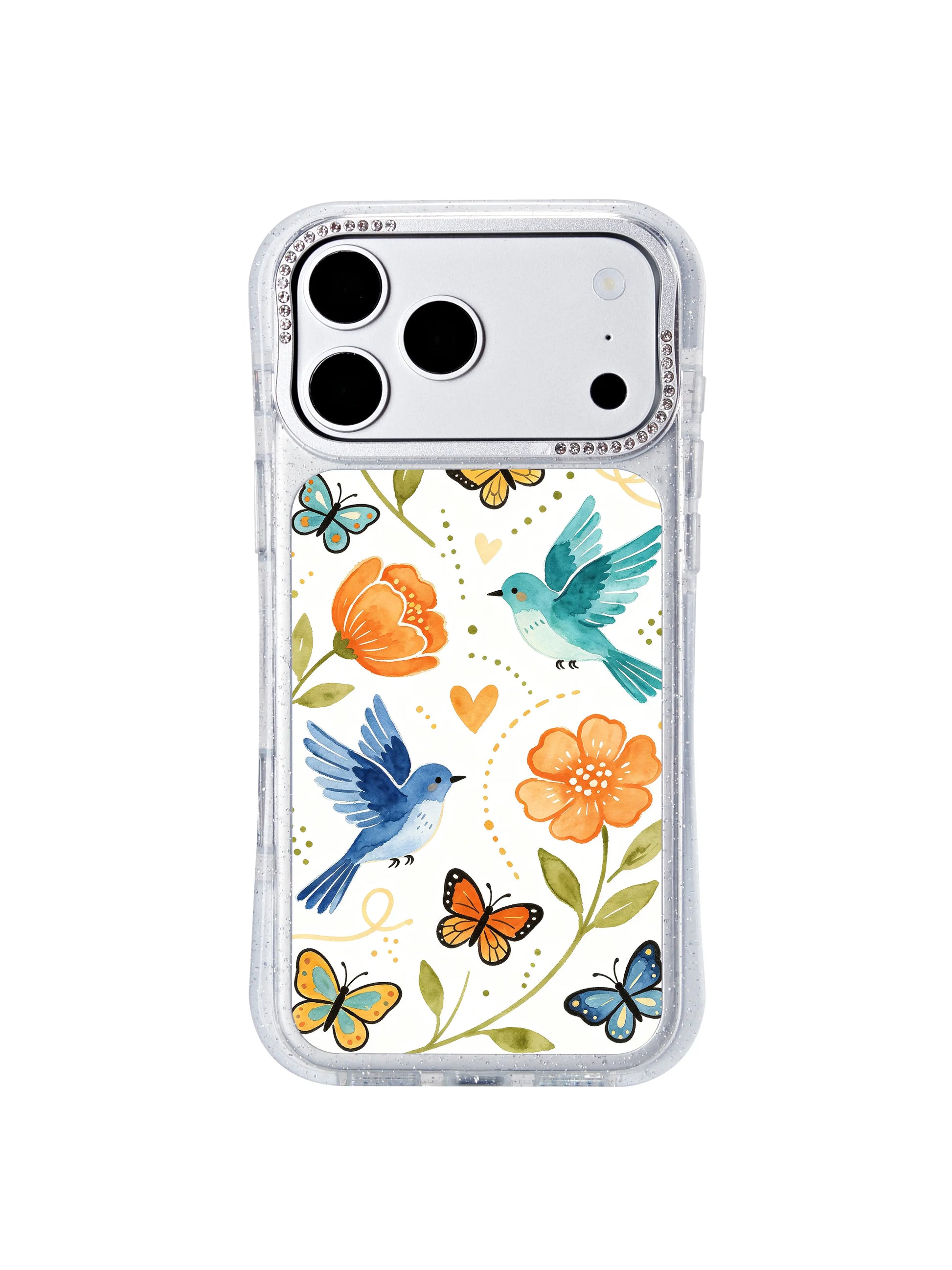 PhoneCasing exclusive artist collaboration iphone 17 pro Max case featuring Aurelia Finch’s Orange Blossom & Blue Wings illustration, a calm focused wearable art piece for steady everyday good mood.
