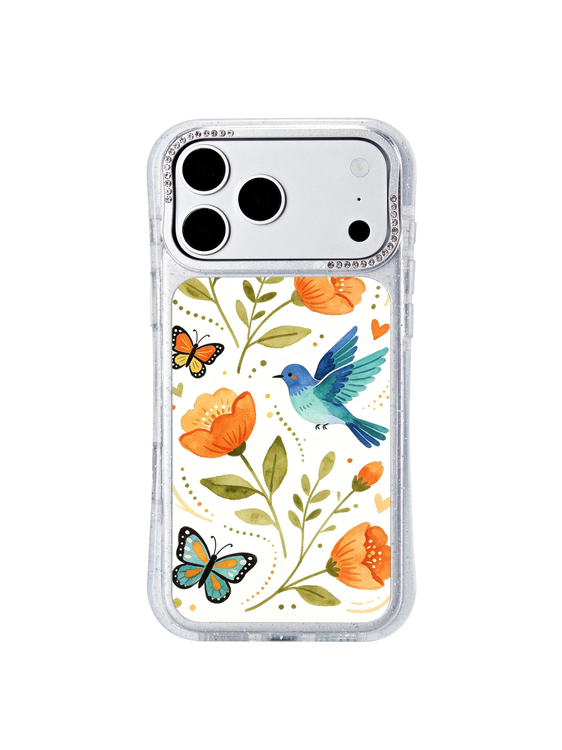 PhoneCasing gallery quality printed iphone 17 pro Max case of Aurelia Finch’s Orange Blossom & Blue Wings, true-to-original watercolor texture and precise soft color reproductio