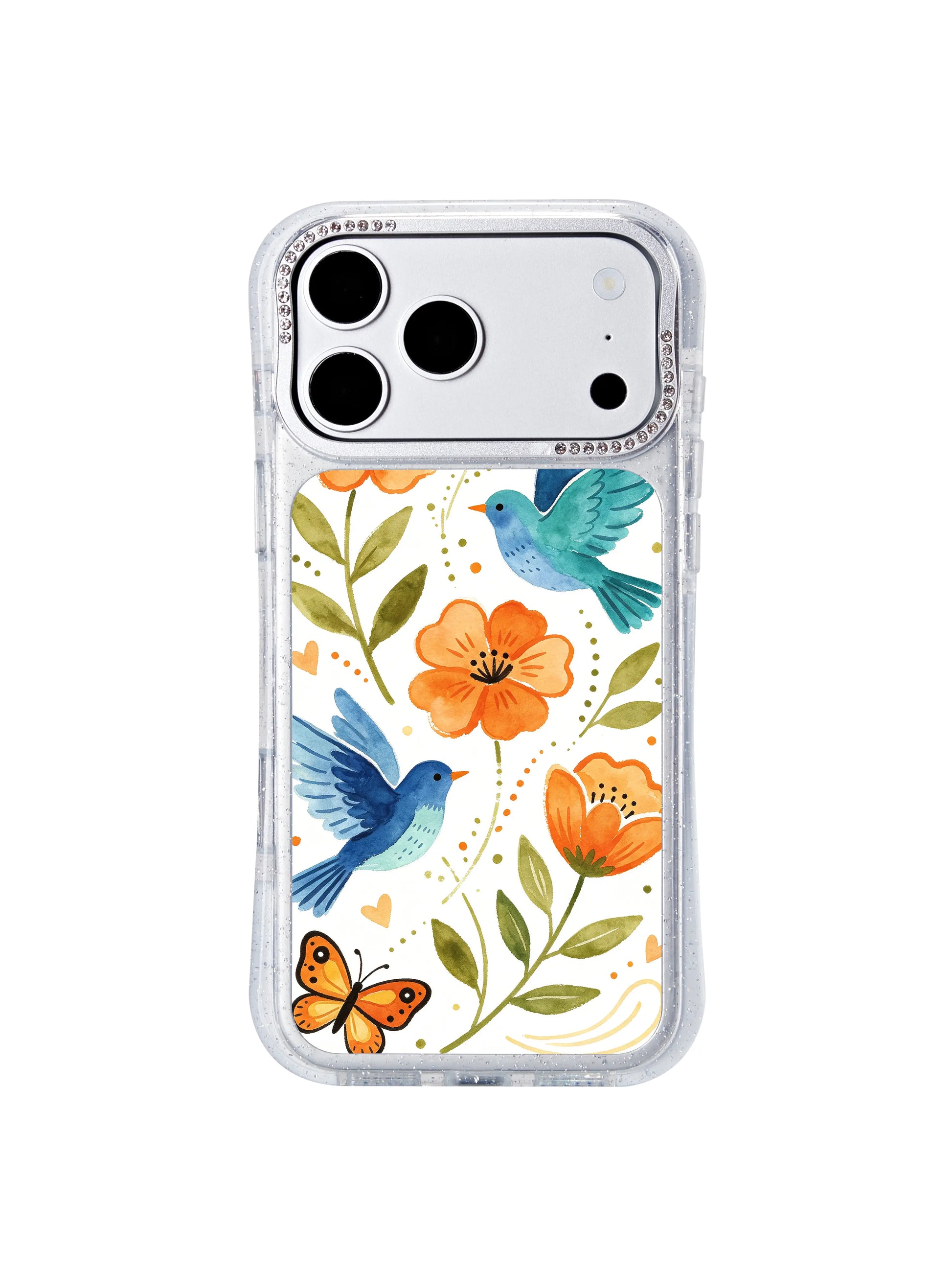 PhoneCasing minimal folk style iphone 17 pro Max casing designed by Aurelia Finch, featuring orange blossom and blue bird motifs perfect for women who love quiet natural daily accessories.