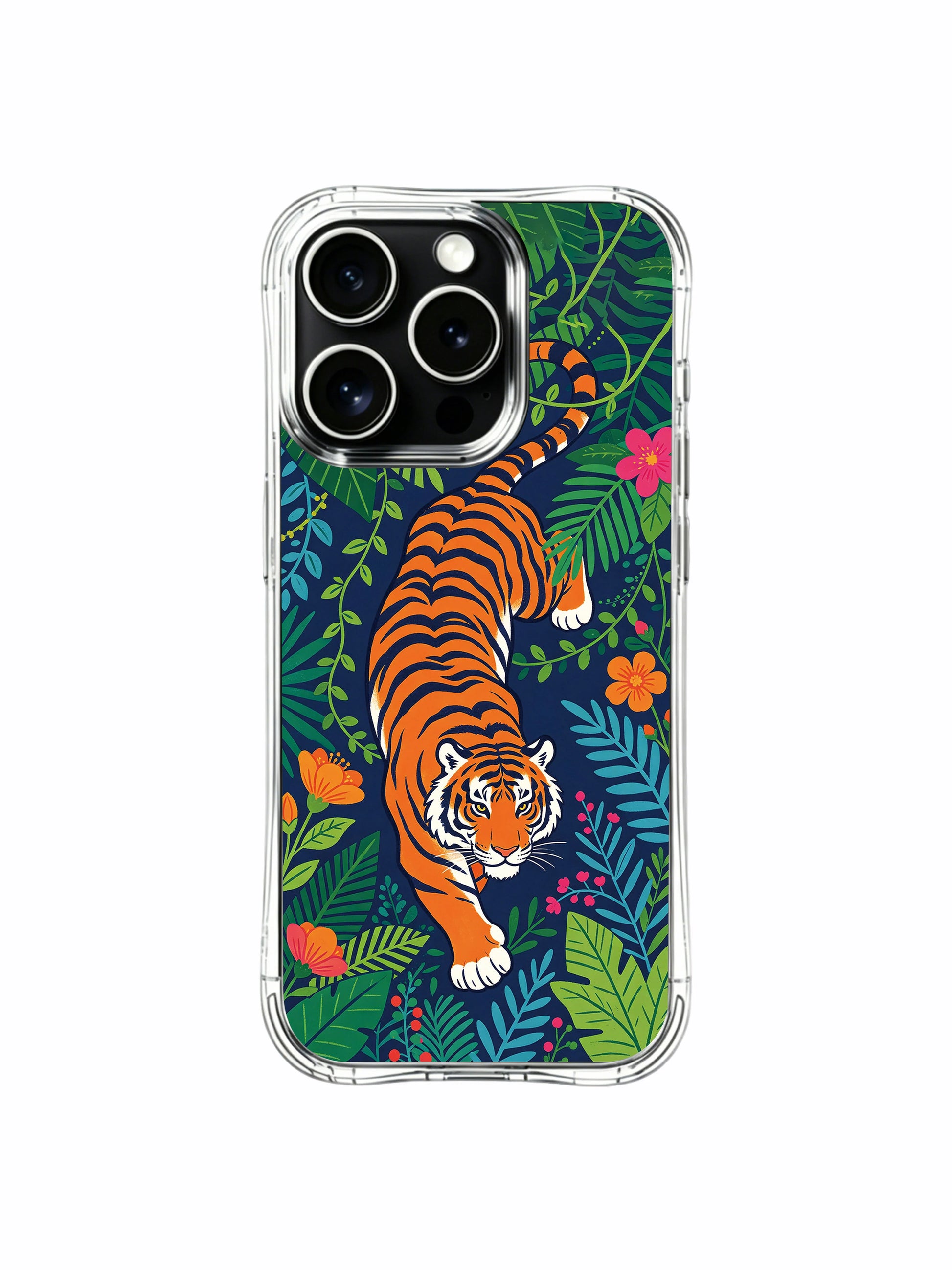Handcrafted artist-designed iPhone 13 pro Case by PhoneCasing, lightning-like prowling orange tiger amid layered jungle foliage durable phone cover, vibrant hibiscus detail luxury wearable art casing
