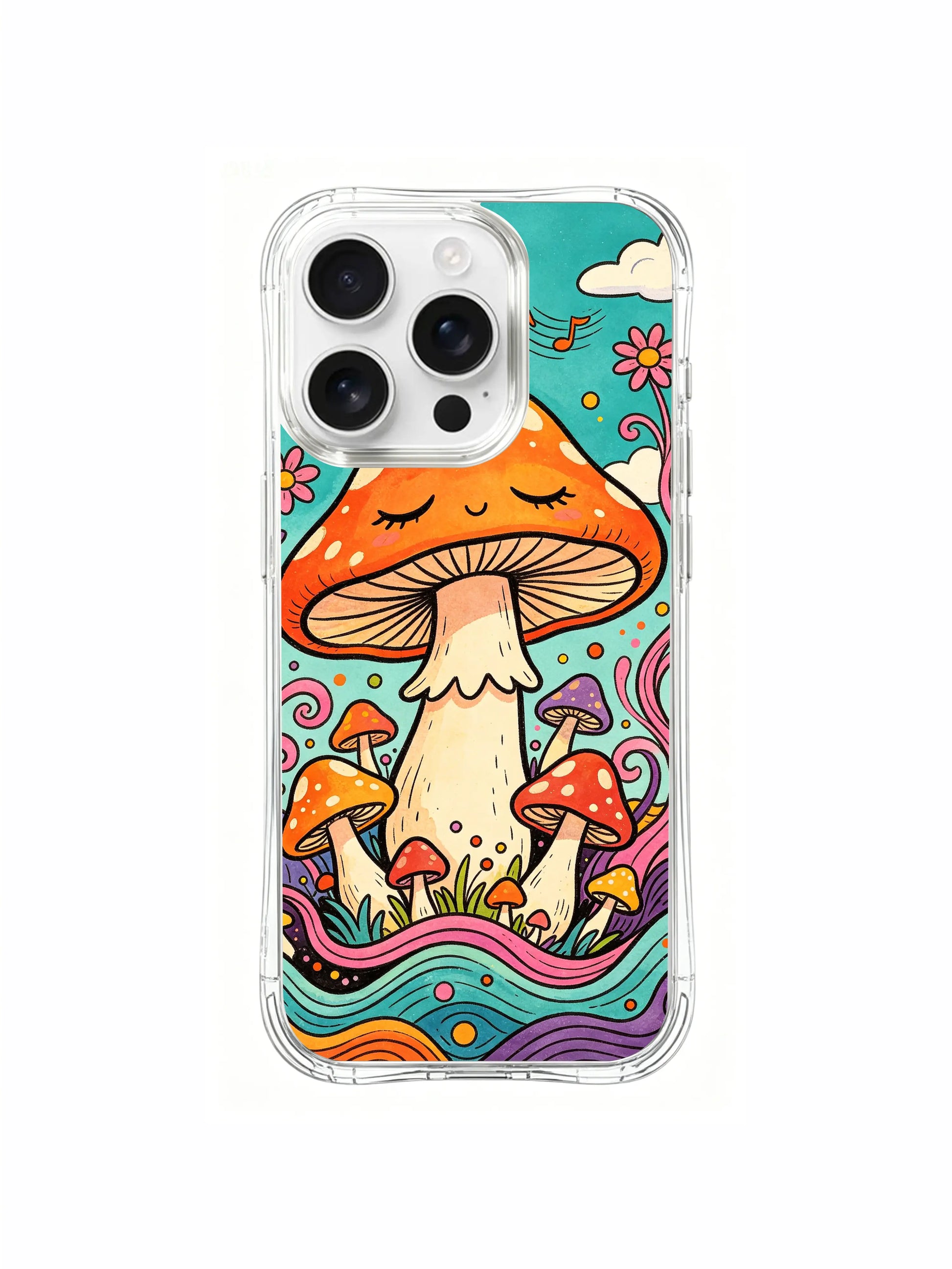 PhoneCasing iPhone 16 pro max Case, floral-focused fine art casing with warm orange & pink petal blooms clustered along bottom of curvy rainbow dream ground, limited edition gift-ready art phone casing