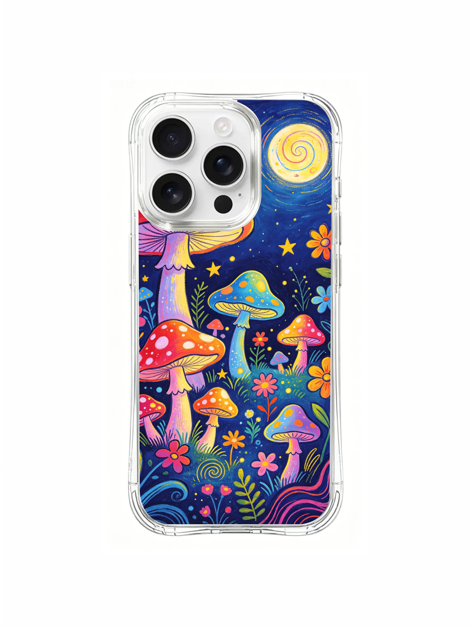PhoneCasing iPhone 16 pro max Case, floral-focused fine art casing with warm multihued flower blooms clustered along bottom of curvy psychedelic woodland terrain, limited edition gift-ready art phone casing