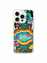 Orange and pink flowers along a rainbow pond artwork on an iPhone 16 Pro Max case
