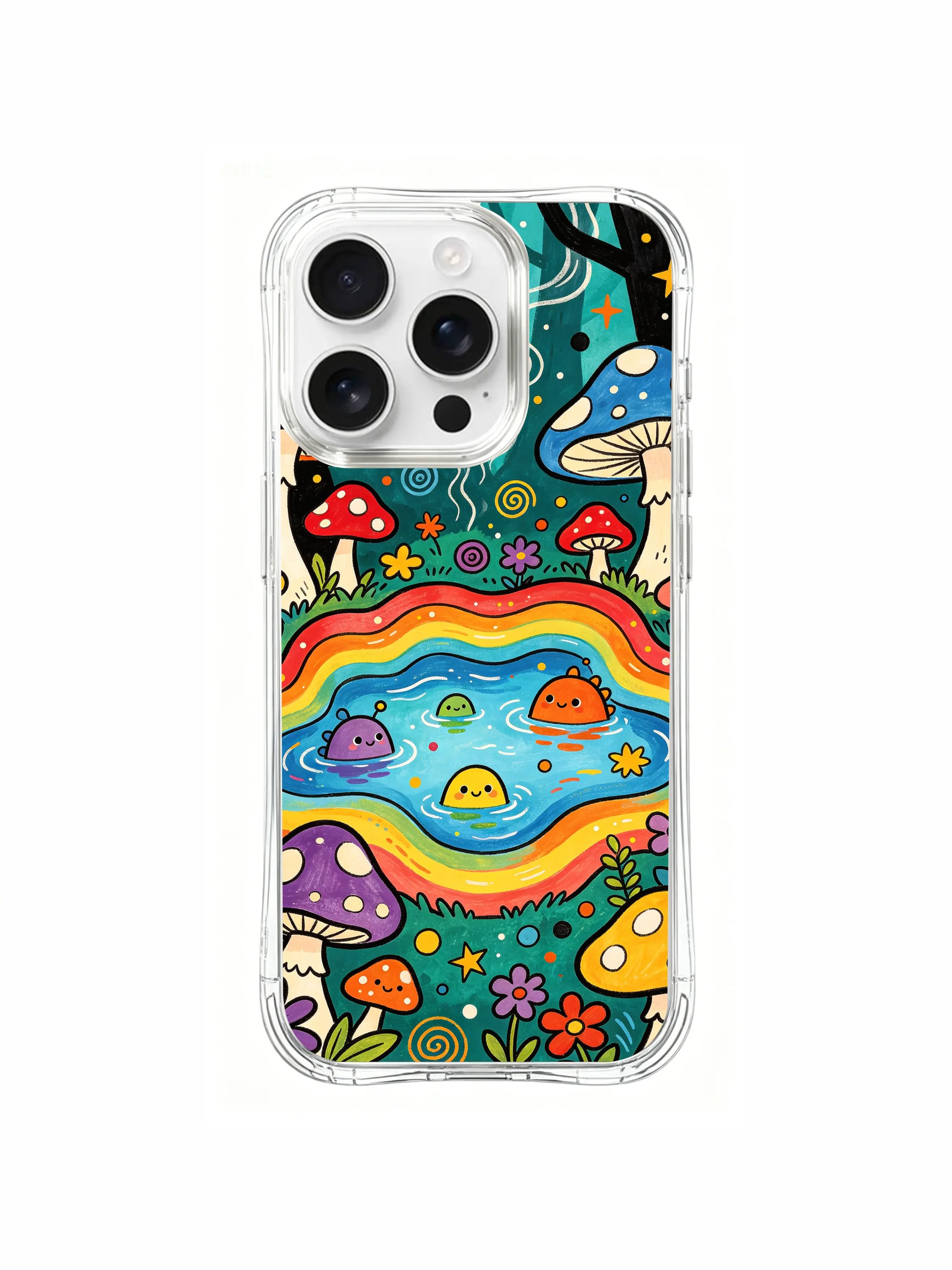 PhoneCasing iPhone 16 pro max Case, floral-focused fine art casing with warm orange & pink flower blooms clustered along bottom of curvy rainbow pond rim, limited edition gift-ready art phone casing