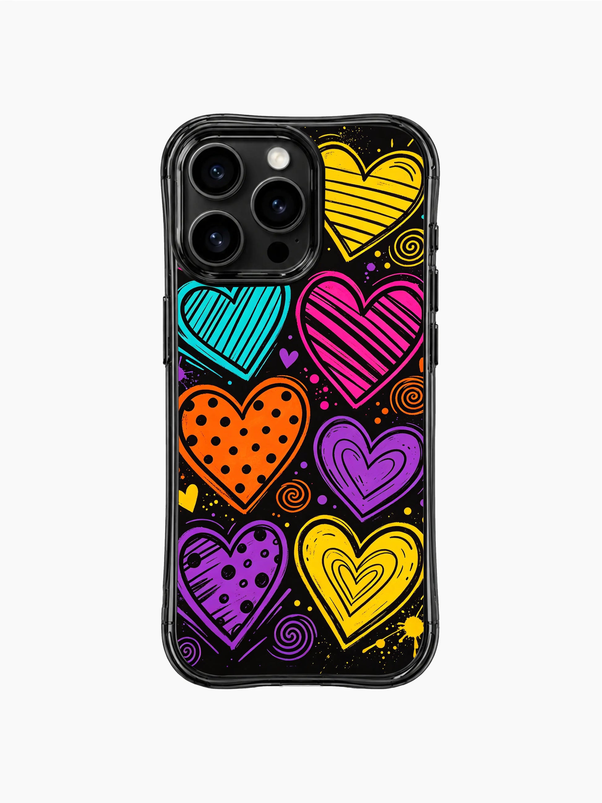 PhoneCasing iPhone 13 Pro Max cover featuring orange, purple and yellow dotted & striped heart parade design, high contrast dark base phone case.