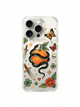 PhoneCasing iPhone 15 pro Case featuring Ruby Blackthorn old school forbidden garden tattoo print, coiled black snake wrapped around bright orange, vintage dagger, mini skull, four-leaf clover, red bloom flowers and monarch butterfly decor, clear shockproof art iPhone 15 pro casing crafted in California.