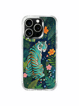Sharp defined orange striped teal tiger against deep navy nocturnal woodland iPhone 13 pro Case by PhoneCasing, assorted tropical blossom illustrated phone cover, scratch-resistant glossy finish durable casing