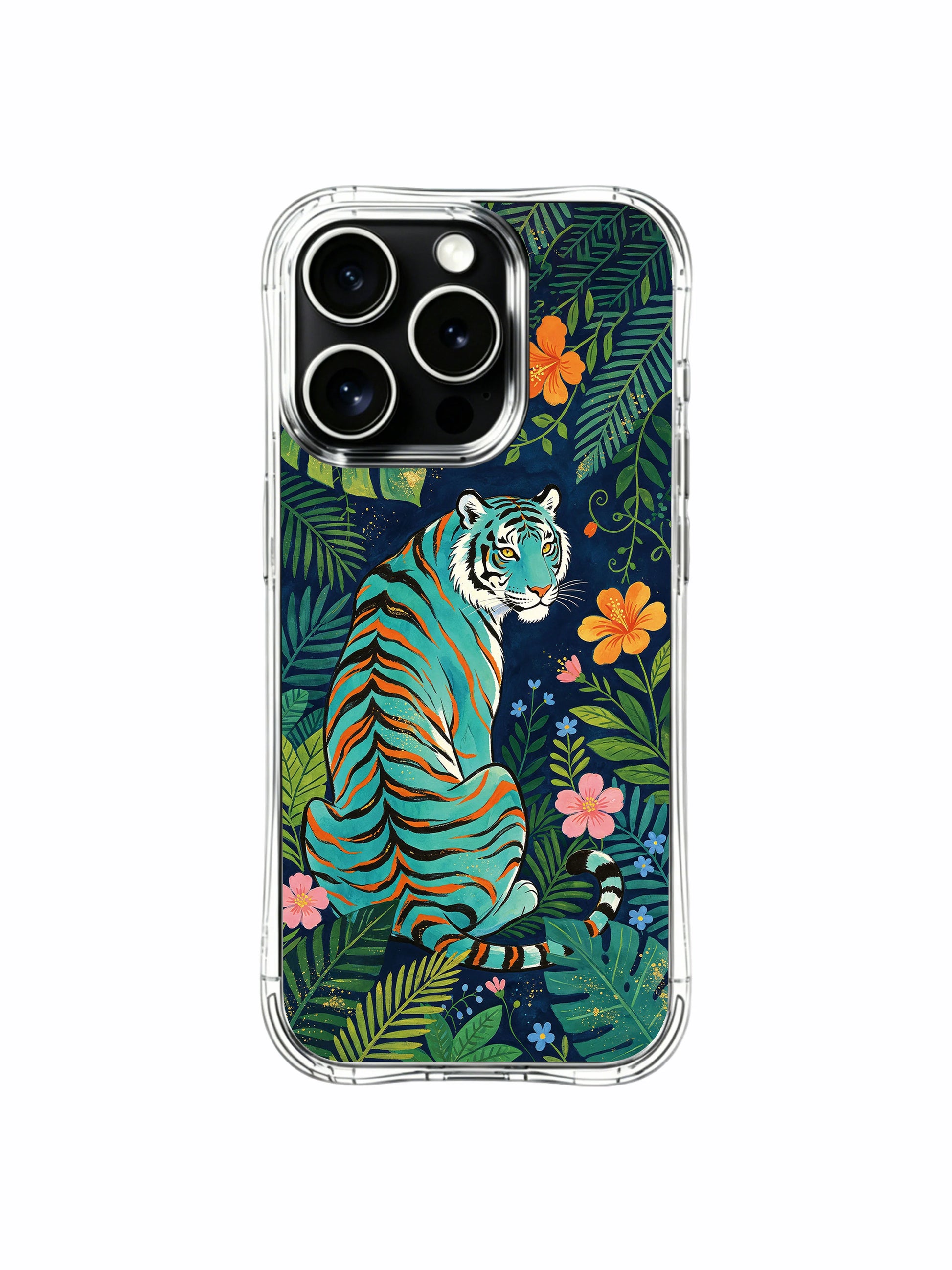 Sharp defined orange striped teal tiger against deep navy nocturnal woodland iPhone 13 pro Case by PhoneCasing, assorted tropical blossom illustrated phone cover, scratch-resistant glossy finish durable casing